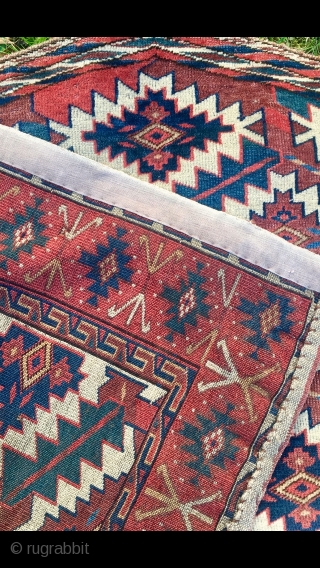 Yomud Asmalyk deep down from 19th century. Great red border and petroleum blue green. 115 vom x 71 cm              