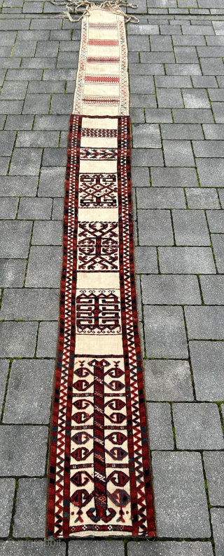 Lovely quality and colours on this old Turkmen tentband fragment: 280 cm x 30 cm.                  
