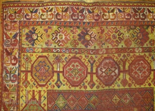 Moroccan Rabat Corridor Carpet, exceptional natural colors including vibrant yellow and several hues of green. corroded cochineal field has areas of kasmiring that are visible from the back. An enigmatic rendering of  ...