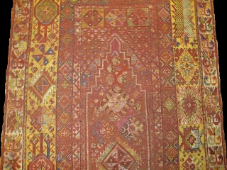 Moroccan Rabat Corridor Carpet, exceptional natural colors including vibrant yellow and several hues of green. corroded cochineal field has areas of kasmiring that are visible from the back. An enigmatic rendering of  ...