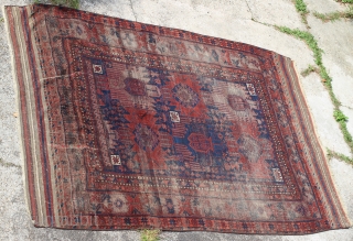 Large Baluch Timuri Main Tent Carpet 1850-1870. Size 294 x 182 cm.( cca 10’ x 6’)
Free shipping to EU!
Bought in Budapest from an Afghan guy who found this ancient, exciting beauty in  ...