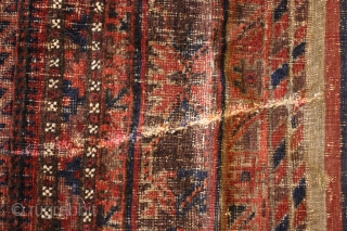 Large Baluch Timuri Main Tent Carpet 1850-1870. Size 294 x 182 cm.( cca 10’ x 6’)
Free shipping to EU!
Bought in Budapest from an Afghan guy who found this ancient, exciting beauty in  ...