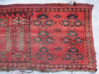 Turkoman Beshir Ersari large torba face, cca 1875.

Wool on animal hair. 78" x 23" (195cm x 53cm). 
Good preservation for age with low pile areas. See photos. 
This is one of a  ...