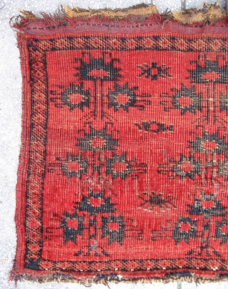 Turkoman Beshir Ersari large torba face, cca 1875.

Wool on animal hair. 78" x 23" (195cm x 53cm). 
Good preservation for age with low pile areas. See photos. 
This is one of a  ...