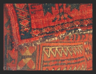 Turkoman Beshir Ersari large torba face, cca 1875.

Wool on animal hair. 78" x 23" (195cm x 53cm). 
Good preservation for age with low pile areas. See photos. 
This is one of a  ...