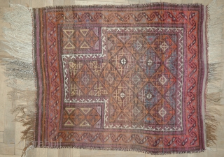 Antique prayer rug, Baluch (Taimani, Ghor province?), ca. 3’7”x 2’9” - 110x84cm with kilim striped endings, original side selvedges, fringes max 9”- 20cm. Beginning of 20th century, archaic field design, very nice  ...