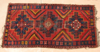 Kirgiz Carpet,Central Asia,  Wool, 53 x 105 inches, In rather rough condition with spots of wear and some incomplete repairs that need to be clipped.  A little work would improve  ...