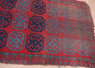 Kirgiz Carpet, Central Asia, Wool, 54 x 126 inches, Wear at one end, a few holes and other damage, Nice wool and colors          