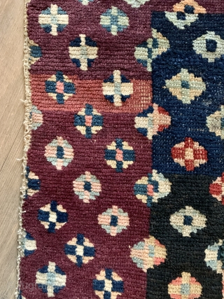 This lovely Tibetan seating square  made ca 1900 was sourced in Tibet nearly 25 years ago, had some repairs done there including new ends.  Design is based on tie dye  ...