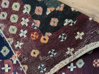 This lovely Tibetan seating square  made ca 1900 was sourced in Tibet nearly 25 years ago, had some repairs done there including new ends.  Design is based on tie dye  ...