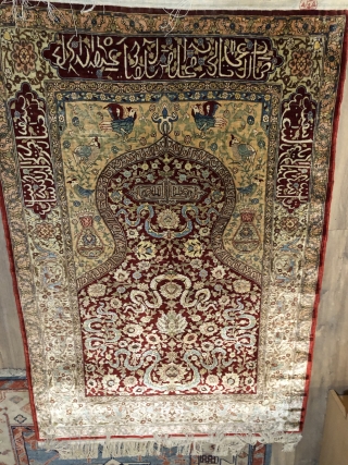 Lovely signed silk Hereke prayer rug mid 20 c about 1.5 x 1 m
Mint condition no cracking from an old English collection purchased at Christie’s around 1990      