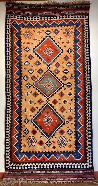 Super antique qashqai kelim on a soft peach colour ground ca 1900 size 300 x 150 cm excellent condition              
