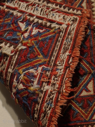 very unusual open ground Caucasian sumac bag face ca 1880 size 34 x 35 cm.
Finely woven,wool foundation, whites are cotton and all colours seem natural. Would look nice backed or mounted which  ...