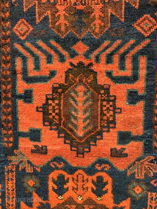 Superb antique Baluch carpet 3 rd qtr 19 c. Made in two halves a truly tribal piece 
Published in Sorgato Baluch rugs 2007  excellent condition great wool and natural dyes size  ...