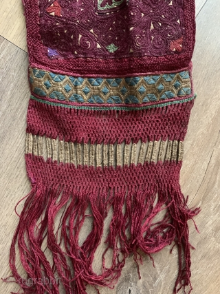 a small collection of 3 rare antique Kyrgyz long tale hats.  The middle one has beautiful ikat lining and complex silk end finish other two have Russian roller print lining.   ...