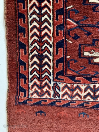 Superb antique yomud chuval with very rare border ca 1880 or before.   Excellent condition all wool natural dyes hanging flap to rear. Great collectors piece full colour    