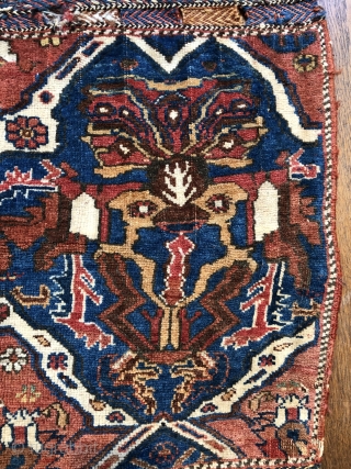 Very unusual antique Afshar bag face with wagireh like design 
Late 19 c all wool natural dyes original selvedges kelim finish at bottom and flat weave top 
Size 76 x 57 cm.  ...
