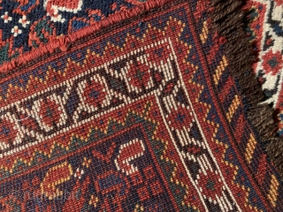 Beautiful antique Khamseh bag face  ca 1900 in excellent condition all organic  dyes natural brown undyed wool warps red wool wefts.  Interesting design with birds botehs and human like  ...