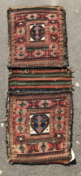 Detail complete pair sumac bags ca 1860
Funky village feel some cotton good colours 
Old moth damage and nibbles               