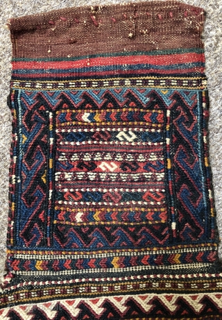 Antique flatwoven salt bag made by the Kurds of Khorassan ca 1910 size 52 x 33 cm
Original back excellent condition all wool and natural dyes fine quality      