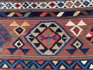  beautiful antique caucasian kelim from the late 19 c. Excellent condition original knotted end finishes with all natural dyes including some camel  hair see detail.  Great piece available. Size  ...