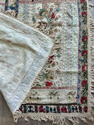 here is an unusual double niche format qibleh cloth made up of pieces of embroidery and fabric from the Ottoman Empire (Greek and Turkish ) size 88 x 80 cm lovely decorative ...