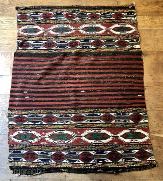 Nice antique Shasavan mafrash sides and bottom still joined ca 1880 all good colours some white cotton and metal thread  little animals and prayer rug in field 53 x 40 i 