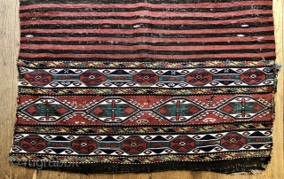 Nice antique Shasavan mafrash sides and bottom still joined ca 1880 all good colours some white cotton and metal thread  little animals and prayer rug in field 53 x 40 i 