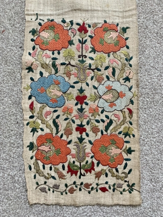 lovely Ottoman sash, double sided amazing quality and colours complete about 8 feet long but cut in two in the plain centre mid 19 c Width 22 cm     