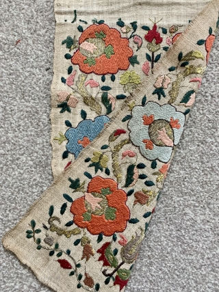 lovely Ottoman sash, double sided amazing quality and colours complete about 8 feet long but cut in two in the plain centre mid 19 c Width 22 cm     