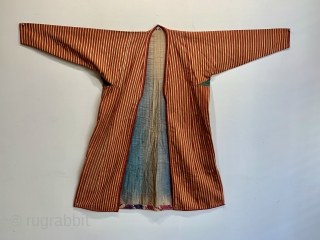  here is a very unusual tekke turkmen mans robe - chapan made from silk and linen ca 1900.  Size 157 x 106 cm plain blue cotton lining with ikat edging  ...