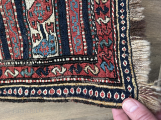 shahsavan  eagle type sumac bag front ca 1880. The outer S and diamond borders are unusual features, size is 64 x 60 cm.  Has a few small old repairs and  ...