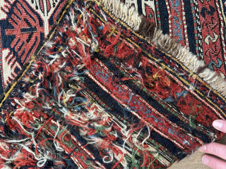 shahsavan  eagle type sumac bag front ca 1880. The outer S and diamond borders are unusual features, size is 64 x 60 cm.  Has a few small old repairs and  ...