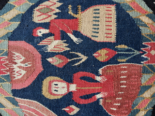 beautiful antique early 19 c Swedish tapestry (flamskvav) square with annunciation scene. Size 44 x 43 cm these are more common in longer size double this length.  Back is antique but  ...