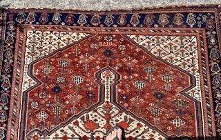 Lovely antique khamseh pomegranate carpet with large chickens dated 1876 (1293)
All wool natural dyes slightly low at end borders and few spots old repair but generally  good condition clean and floor  ...