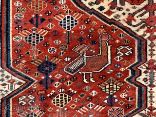 Lovely antique khamseh pomegranate carpet with large chickens dated 1876 (1293)
All wool natural dyes slightly low at end borders and few spots old repair but generally  good condition clean and floor  ...