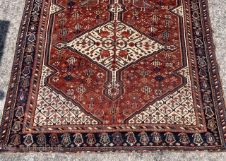 Lovely antique khamseh pomegranate carpet with large chickens dated 1876 (1293)
All wool natural dyes slightly low at end borders and few spots old repair but generally  good condition clean and floor  ...