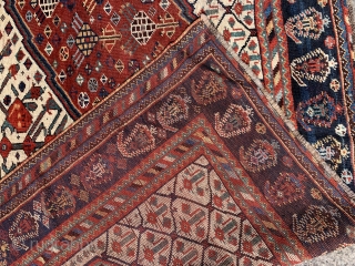 Lovely antique khamseh pomegranate carpet with large chickens dated 1876 (1293)
All wool natural dyes slightly low at end borders and few spots old repair but generally  good condition clean and floor  ...