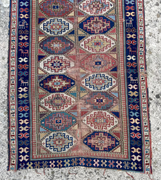  nice old north west persian runner with great colours including purple. Memling Gul design mid 19 c size 317 x 107 cm.  One end slightly missing and worn.  Repairable  ...