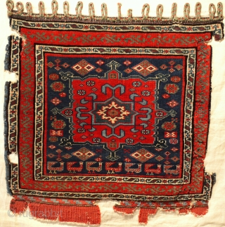 rare and interesting antique north west Persian (shasavan ?) bagface fragment ca 1880 size 64 x 68 cm. All natural dyes and wool construction. Great colours including aubergine. loosely mounted on cotton  ...