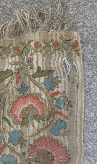  outstanding ottoman embroidered towel ca 1820 highest quality professional work. Silk and metal thread on linen ground with partial striped silk warps.  Generally very good condition two small damages at  ...