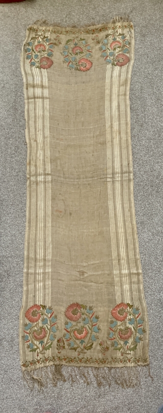  outstanding ottoman embroidered towel ca 1820 highest quality professional work. Silk and metal thread on linen ground with partial striped silk warps.  Generally very good condition two small damages at  ...