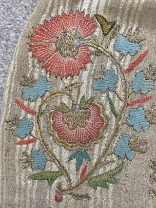  outstanding ottoman embroidered towel ca 1820 highest quality professional work. Silk and metal thread on linen ground with partial striped silk warps.  Generally very good condition two small damages at  ...