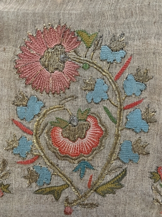 outstanding ottoman embroidered towel ca 1820 highest quality professional work. Silk and metal thread on linen ground with partial striped silk warps.  Generally very good condition two small damages at  ...