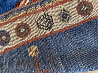 Fine antique qashqai gabbeh rug ca 1900 size 209 x 109 cm. great wool and outstanding natural dyes 
Very good condition few tiny repairs missing outer blue guard at bottom original selvedges  ...