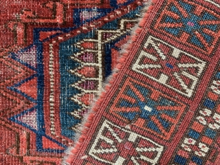 Lovely  Tekke chuval with turreted guls  from the first half of the 19 c.  Super fine and thin with a floppy handle like cloth. Saturated colours including a true  ...