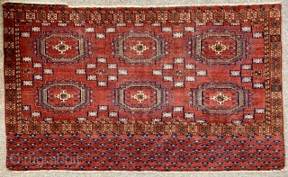 Lovely  Tekke chuval with turreted guls  from the first half of the 19 c.  Super fine and thin with a floppy handle like cloth. Saturated colours including a true  ...