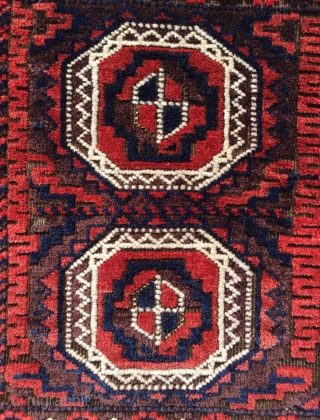 Super antique north east Persian  Baluch bag ca 1880 has great wool and glowing colour the nicest of this type I have had with yellow silk highlights around the Gul centres.  ...