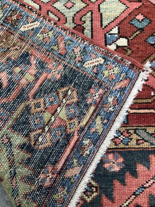 Antique Serapi type Karaja carpet from the late 19c with lovely soft natural dyes including a sky blue.
Even wear just cleaned few small old repairs and last cm of ends expertly rewoven  ...