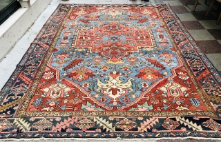 Antique Serapi type Karaja carpet from the late 19c with lovely soft natural dyes including a sky blue.
Even wear just cleaned few small old repairs and last cm of ends expertly rewoven  ...